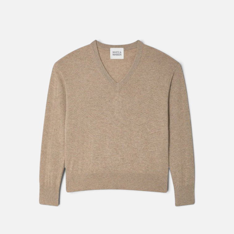 Shop Rescue Spa beige 100% cashmere V-neck sweater with ribbed trim and relaxed fit