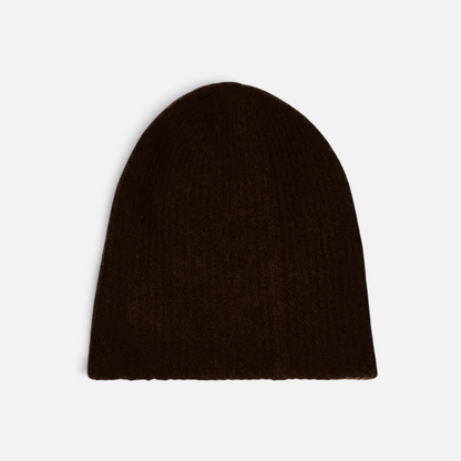 Shop Rescue Spa dark brown ribbed cashmere beanie with a soft plush texture and double-layer construction.