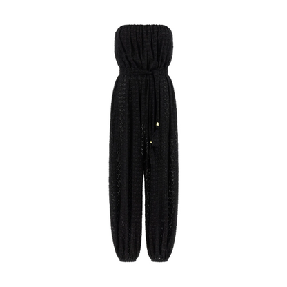 Front-facing product photo of Eres Evening Bustier Jumpsuit on a clean background, showing strapless bustier top and full-length silhouette.