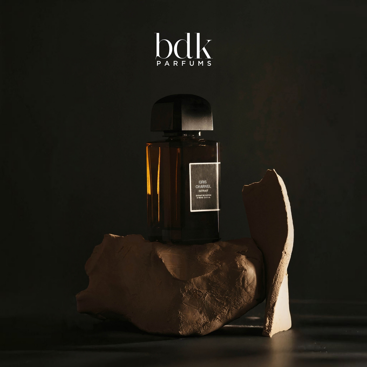 Shop Rescue Spa Gris Charnel Extrait perfume bottle resting on a textured stone sculpture against a dark background