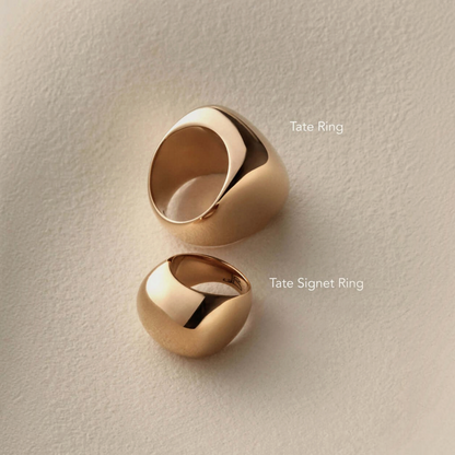Shop Rescue Spa Tate Ring and Tate Signet Ring in high-polish gold, featuring bold, rounded sculptural silhouettes.