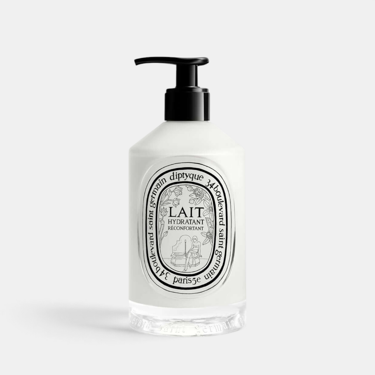 Shop Rescue Spa Comforting Hydrating Body Milk in a clear bottle with a black pump dispenser and elegant label.