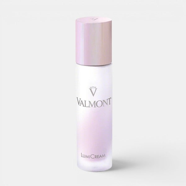 Valmont LumiCream bottle with pink cap on a white background