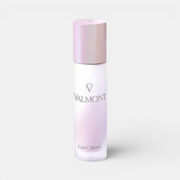 Valmont LumiCream bottle with pink cap on a white background