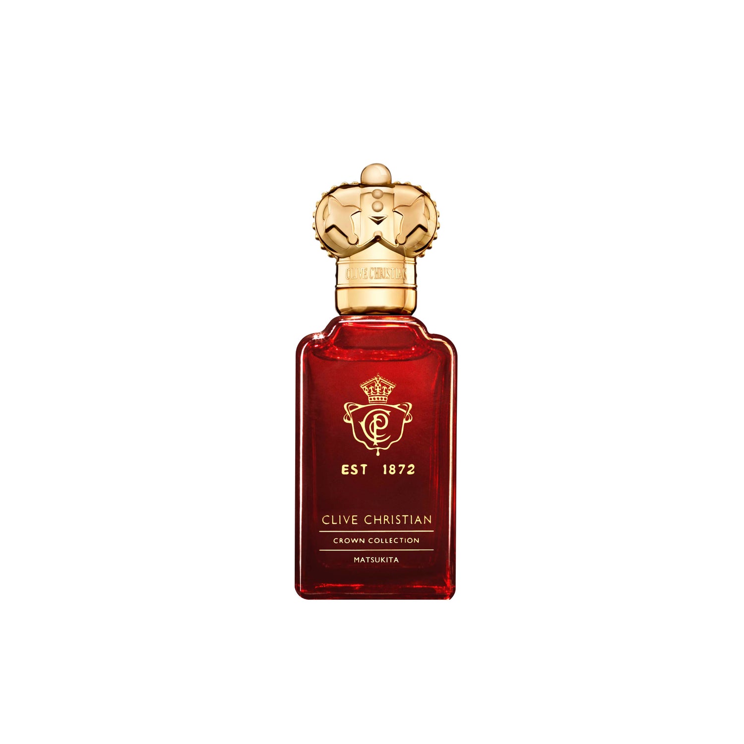 Red Clive Christian perfume bottle with a gold cap on a white background. Perfume Name Matsukita