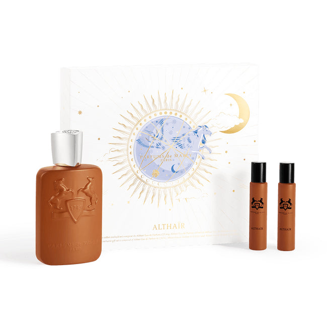 Althair perfume gift set showing the perfumes outside of the box, positioned upright with a white background. Ambery Aromatic Vanilla perfume.