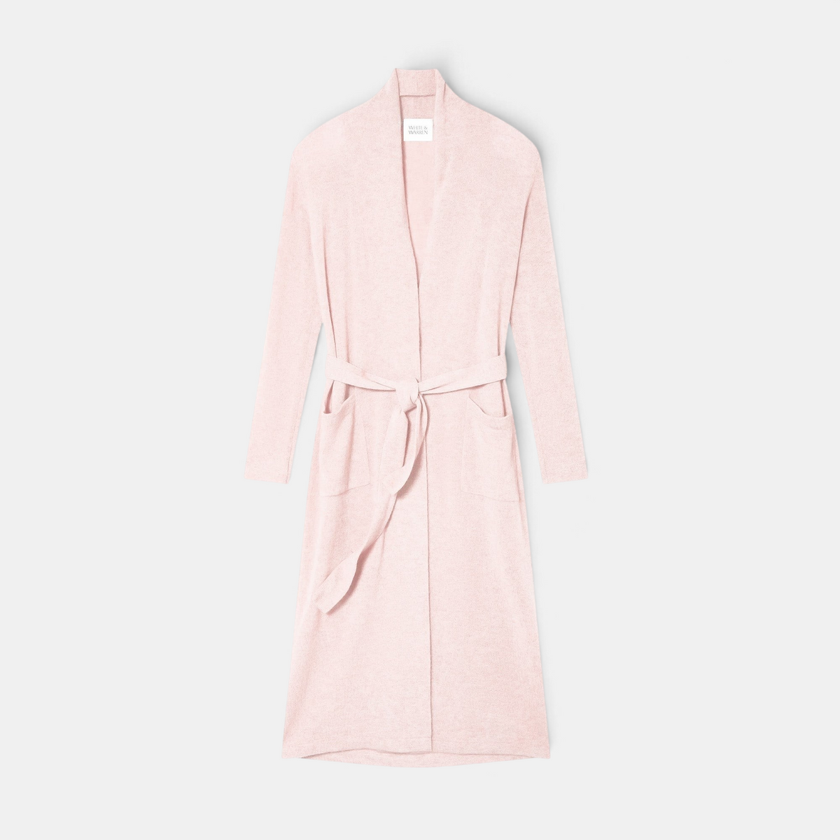 Shop Rescue Spa long cashmere robe in pink sand with a shawl collar, patch pockets, and a waist tie.