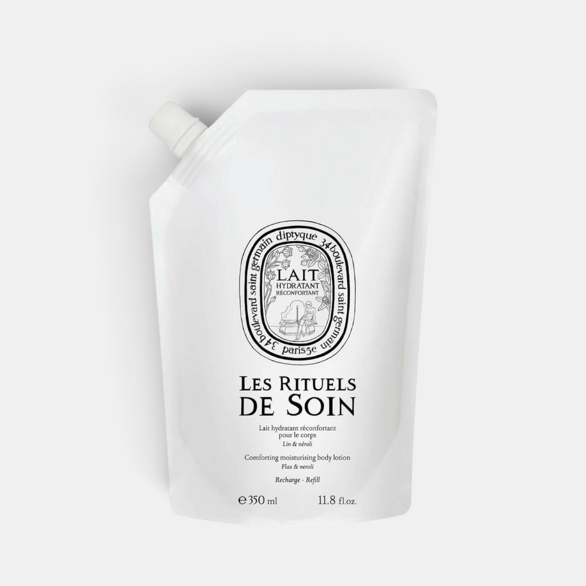 Shop Rescue Spa Comforting Hydrating Body Milk refill pouch with flax and neroli scent in white packaging