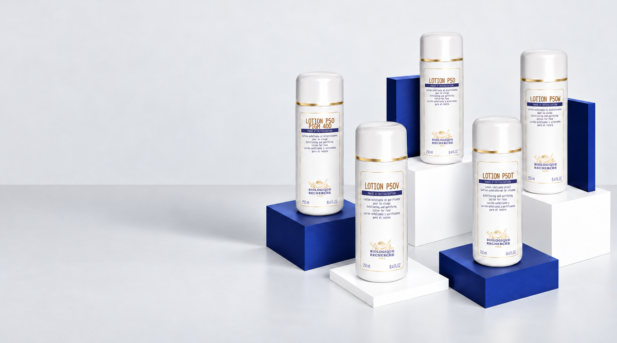 Lotion p50 collection image feautering 5 diffrent formauls available on shoprescuespa. Image is taken on light backround and include lotion p50 lotion p50v, lotion p50w, lotion p50 pigm400 and lotion p50t 
