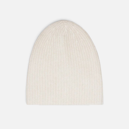 Shop Rescue Spa cream cashmere ribbed beanie with a soft, double-layer knit texture for warmth.