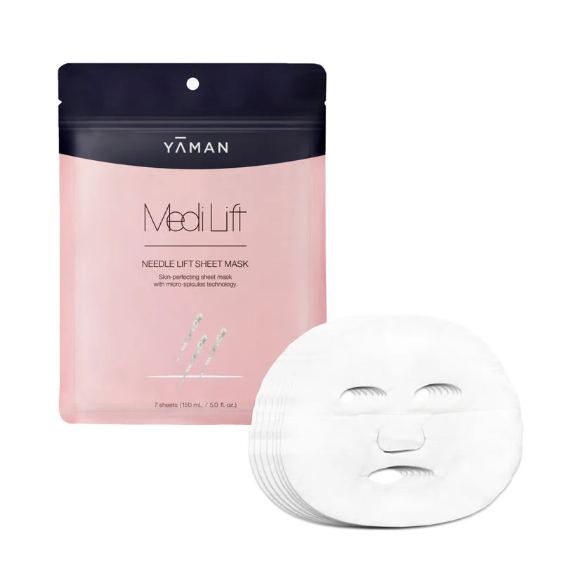 Medi Lift Needle Lift Sheet Mask box with seven sheet masks arranged beside packaging on clean background.