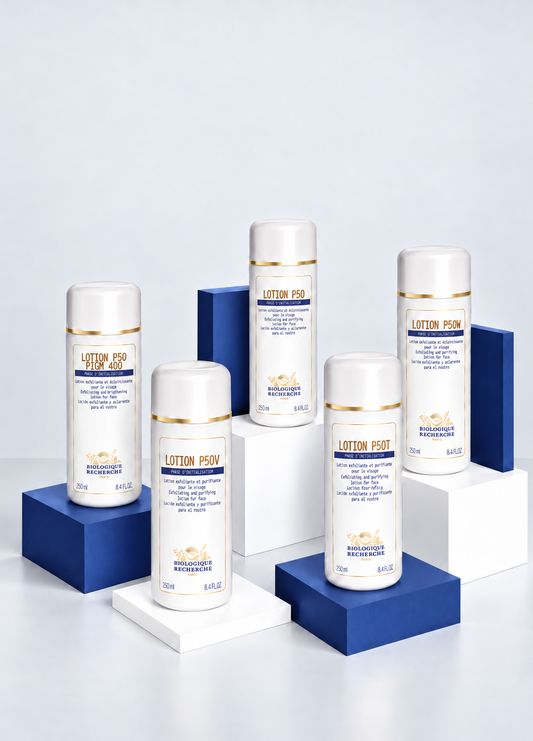 mobile image of Lotion p50 collection image feautering 5 diffrent formauls available on shoprescuespa. Image is taken on light backround and include lotion p50 lotion p50v, lotion p50w, lotion p50 pigm400 and lotion p50t 