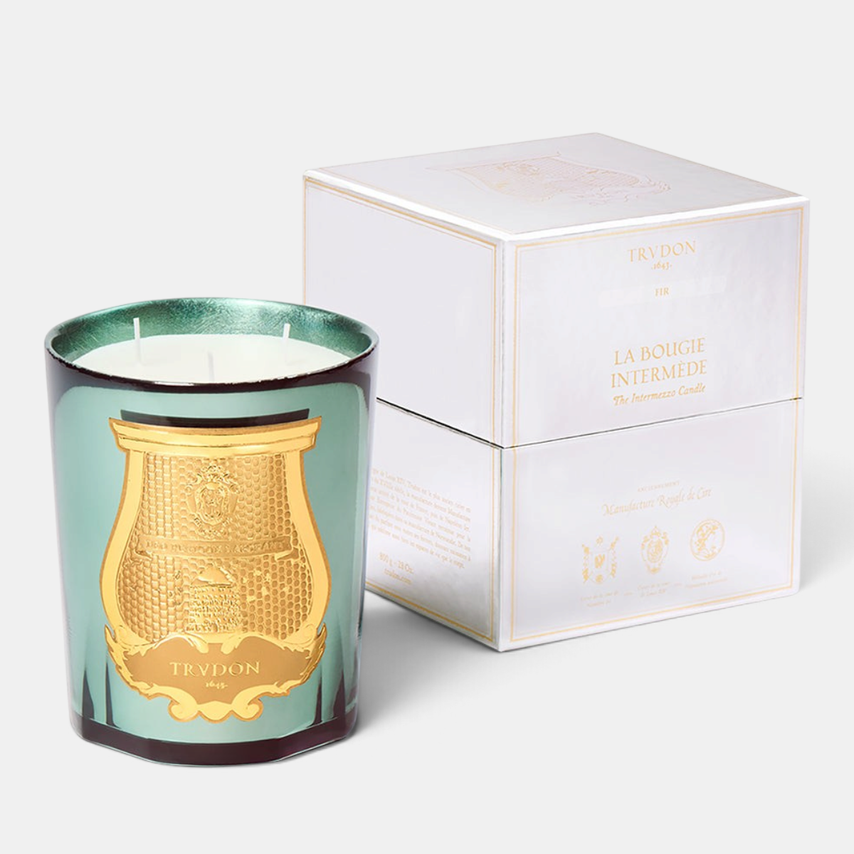 Shop Rescue Spa Trudon Fir candle in a celadon mirror-finish glass with silver leaf lining and matching gift box.