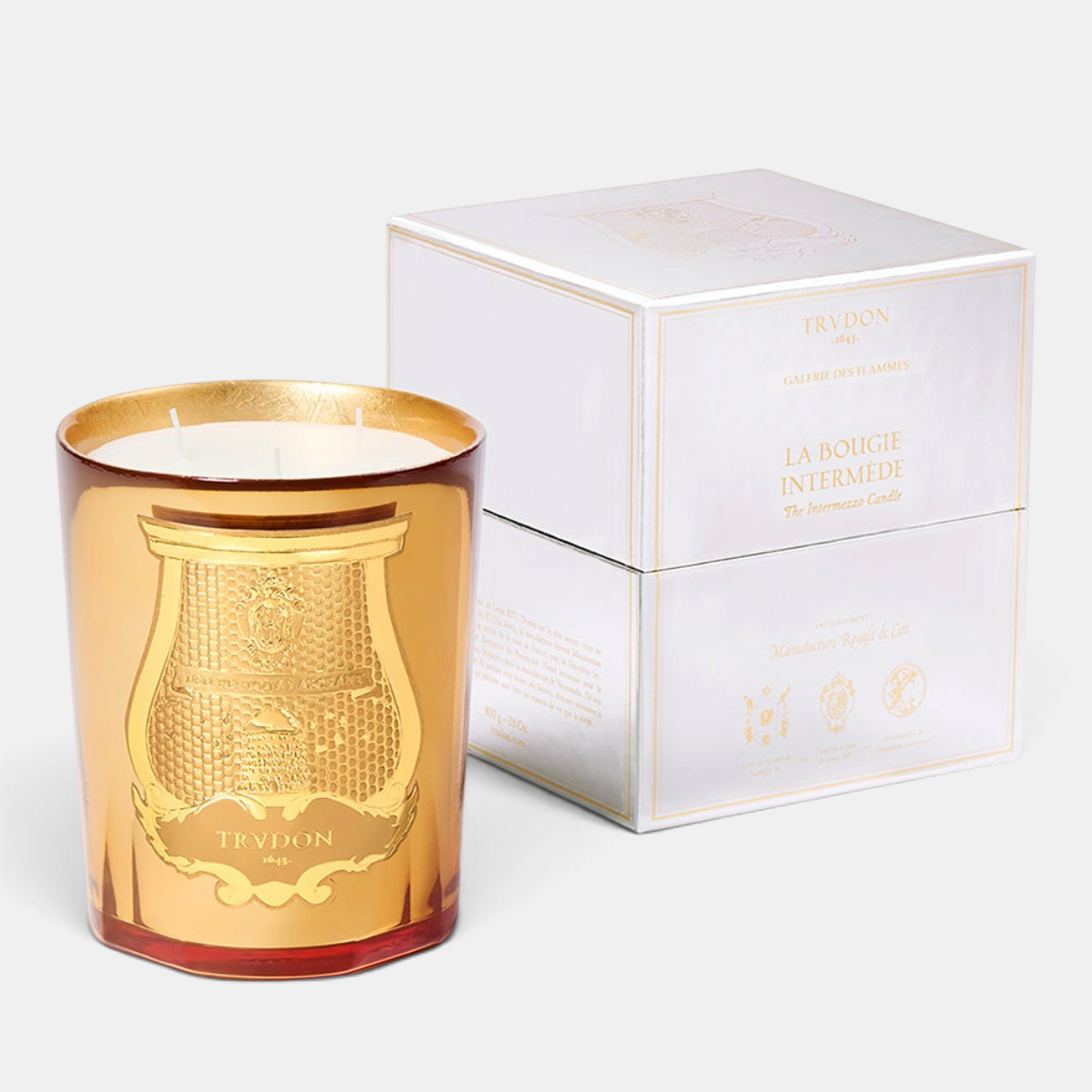 Shop Rescue Spa Trudon Galerie des Flammes Intermezzo candle in a gold mirror-finish glass with its white gift box.
