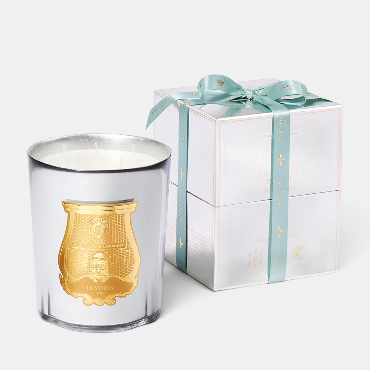 Shop Rescue Spa Cabinet des Miroirs candle in a celadon mirror-finish glass with gold emblem and matching gift box.