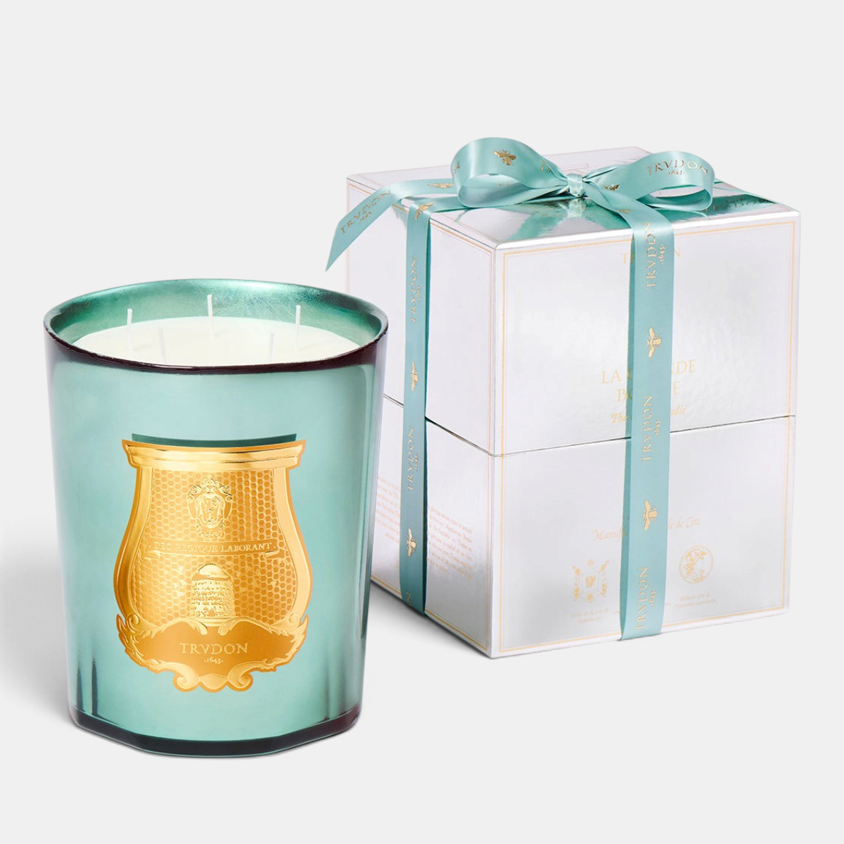 Shop Rescue Spa Trudon Fir holiday candle in a celadon mirror-finish glass with gold emblem and matching gift box