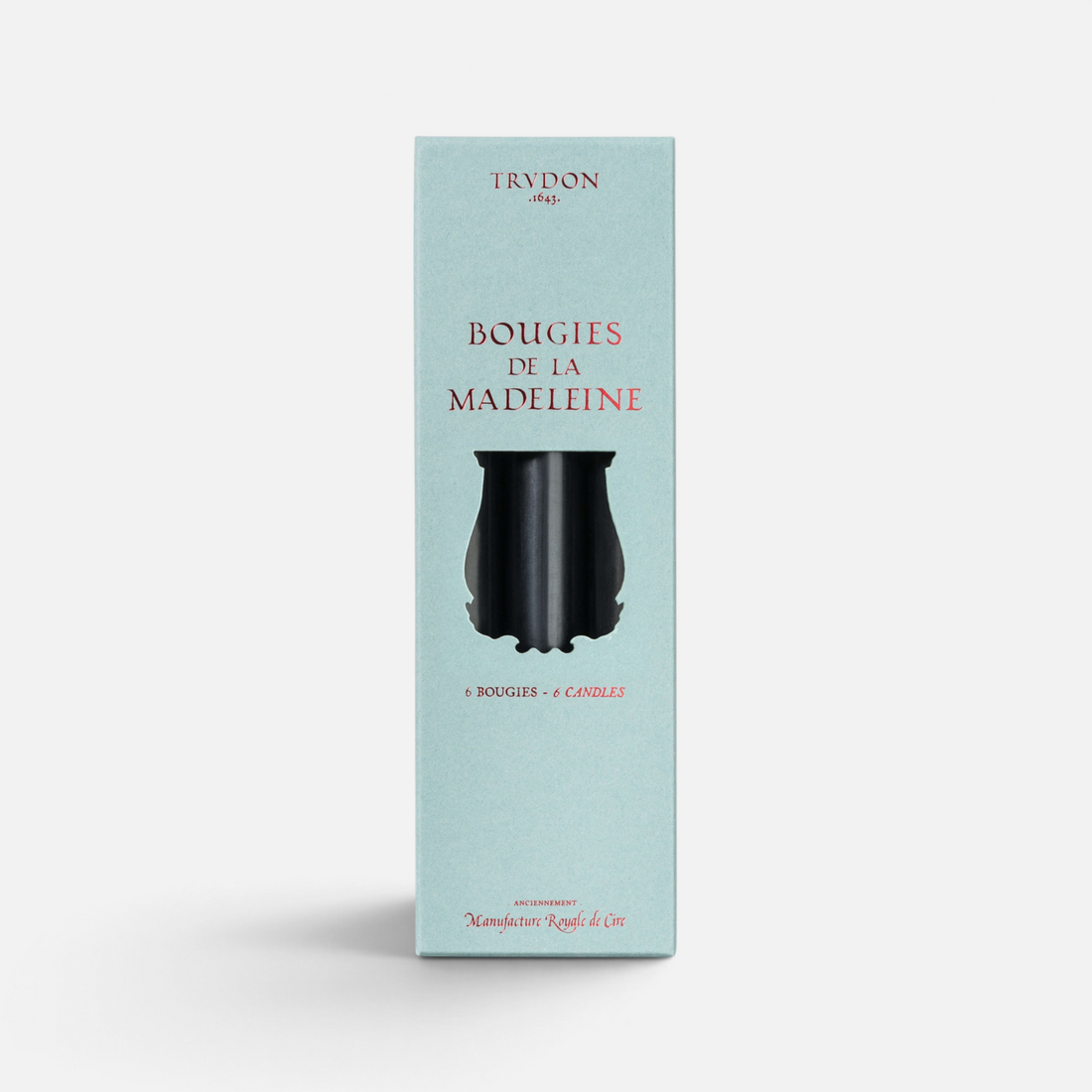 Shop Rescue Spa Trudon Madeleine black taper candles in a light blue presentation box of six