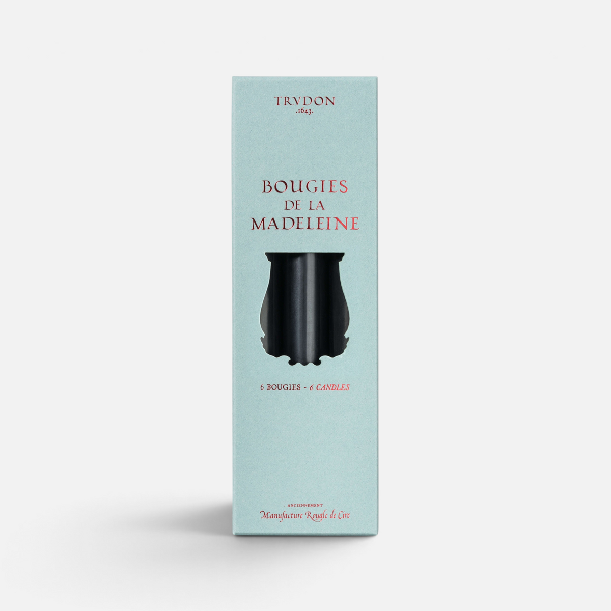 Shop Rescue Spa Trudon Madeleine black taper candles in a light blue presentation box of six
