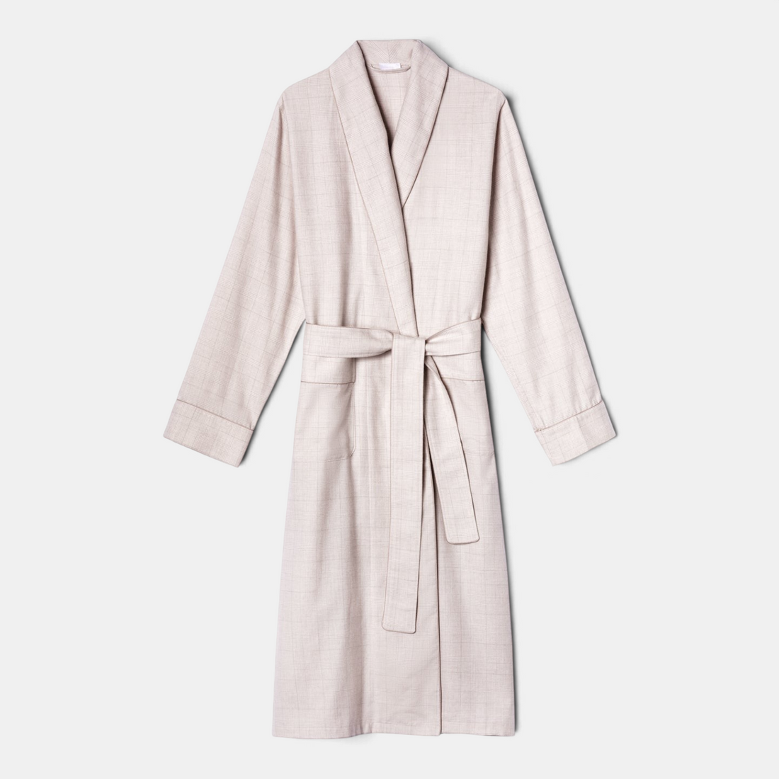 Shop Rescue Spa long pink check flannel robe with shawl collar, tie belt, and front pockets in soft cotton wool blend.