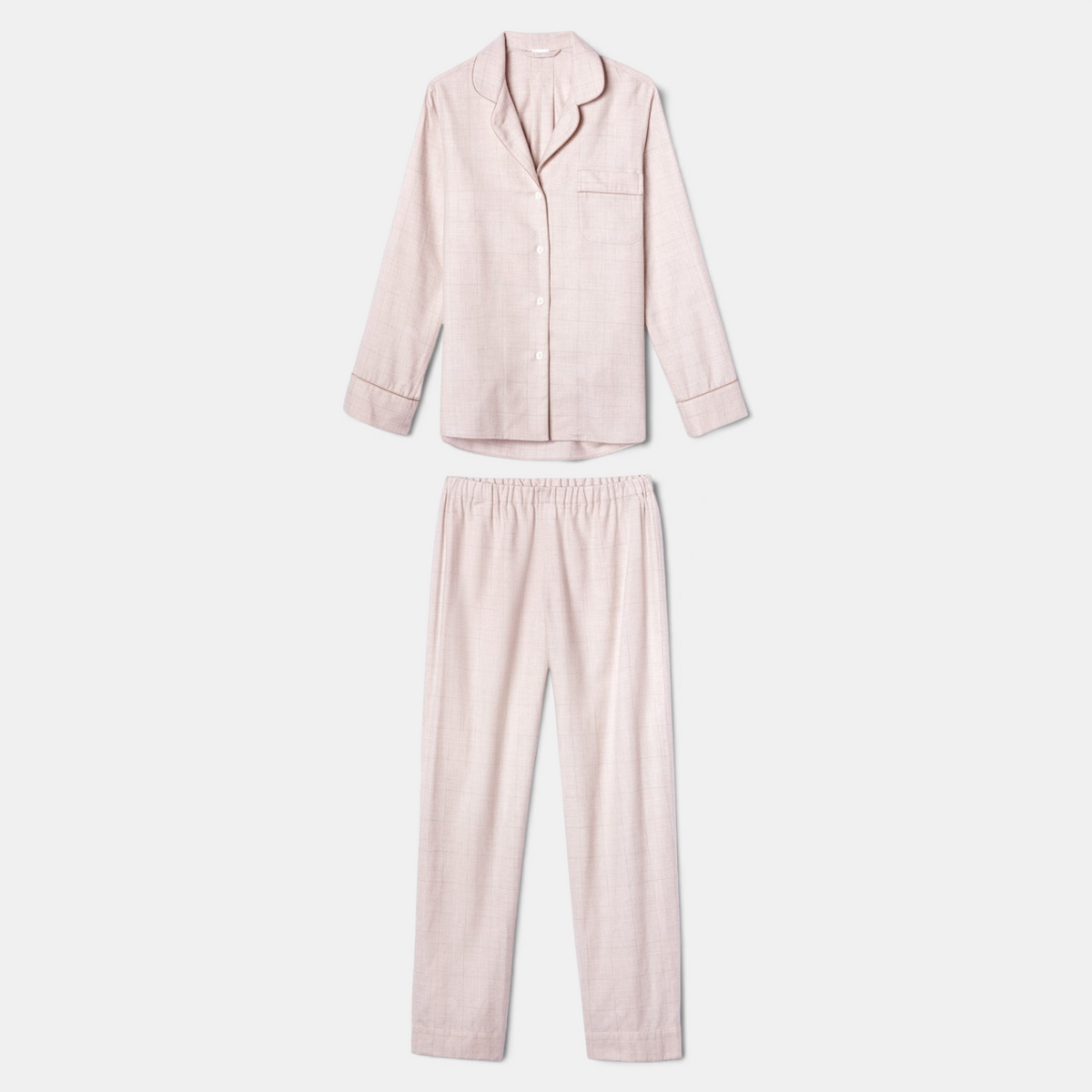 Shop Rescue Spa pink check long pyjama set in soft merino wool and cotton blend with button-up top and elastic pants