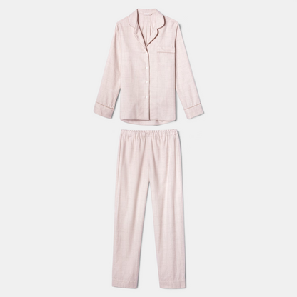 Shop Rescue Spa pink check long pyjama set in soft merino wool and cotton blend with button-up top and elastic pants
