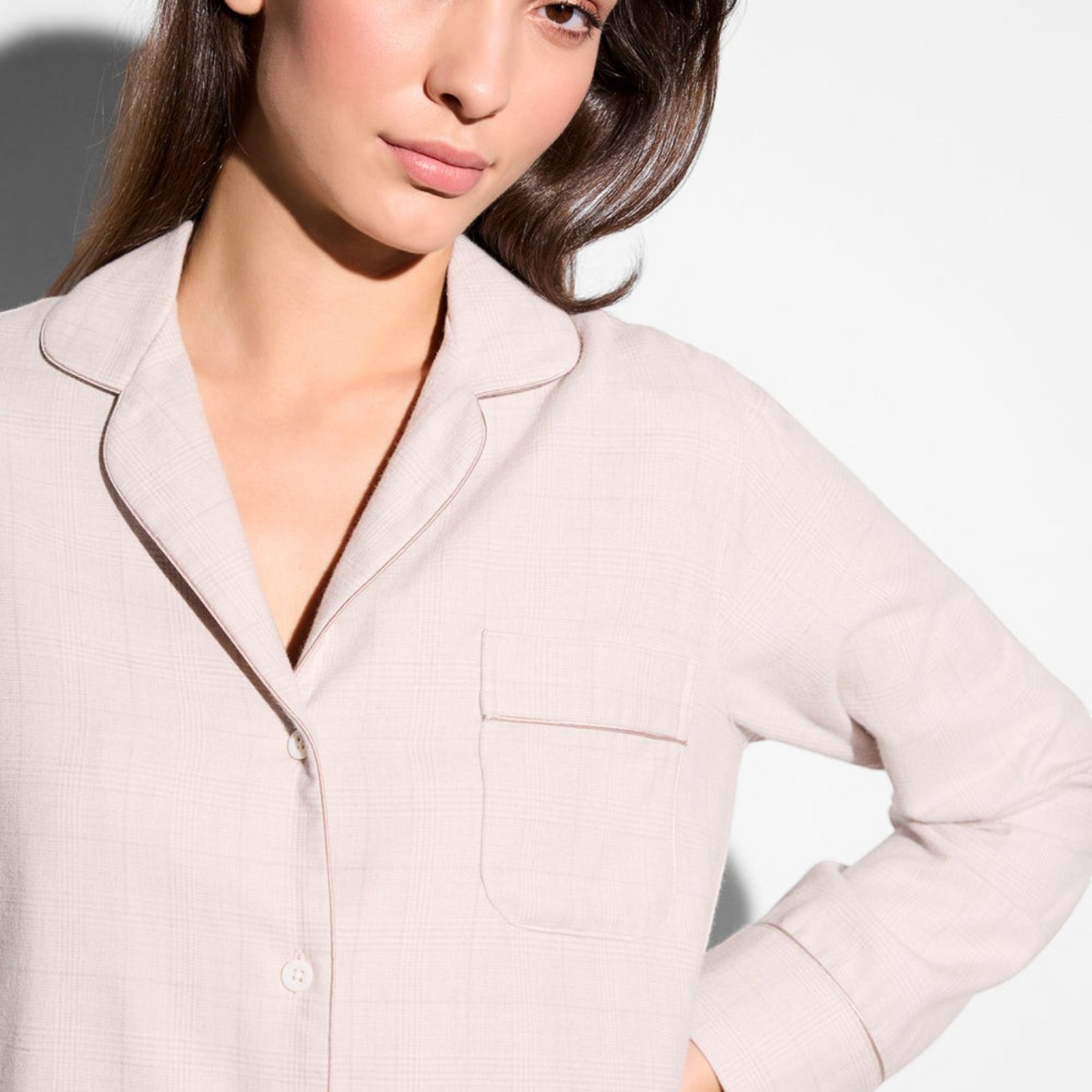 Shop Rescue Spa pink check pyjama top with lapel collar, button placket, and chest pocket on a model.