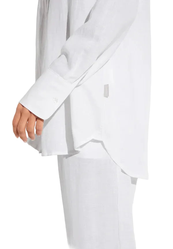 Side view of Zimmerli Button Front Shirt Long Sleeve in white worn on model, showing fit, sleeve length, and shirt drape from profile angle.