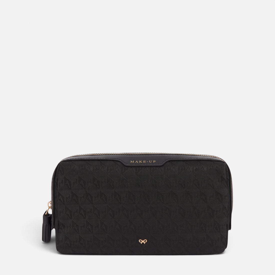 Shop Rescue Spa black logo small make-up pouch with patent leather trim and gold bow detail