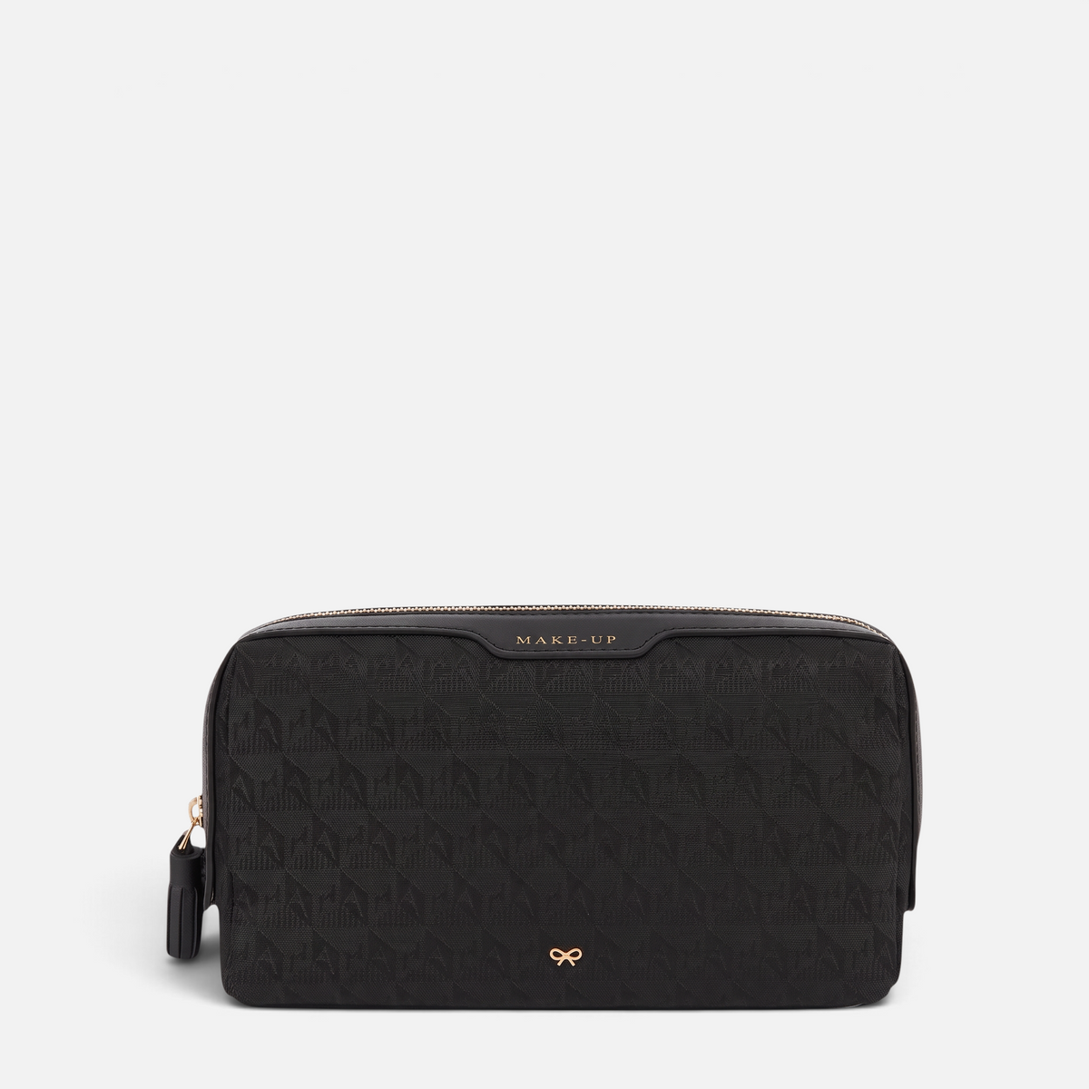 Shop Rescue Spa black logo small make-up pouch with patent leather trim and gold bow detail