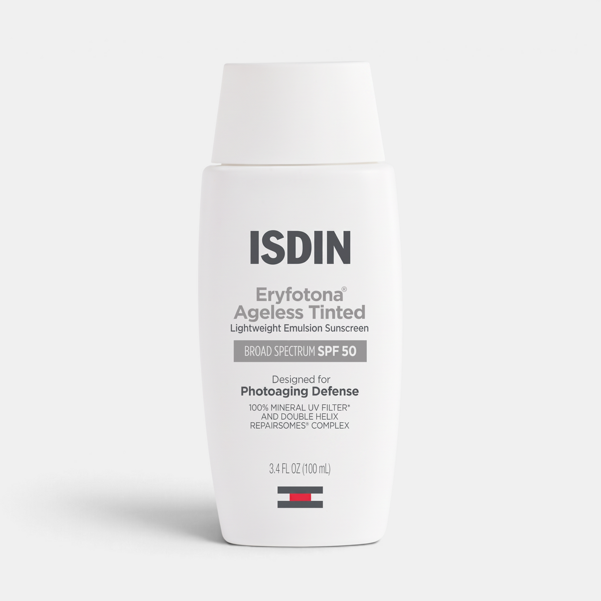 Shop Rescue Spa ISDIN Eryfotona Ageless tinted mineral sunscreen SPF 50 in a white bottle for photoaging defense.