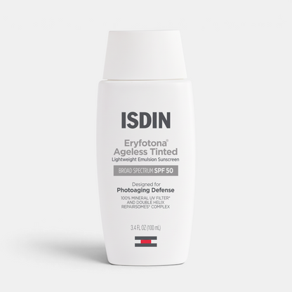 Shop Rescue Spa ISDIN Eryfotona Ageless tinted mineral sunscreen SPF 50 in a white bottle for photoaging defense.