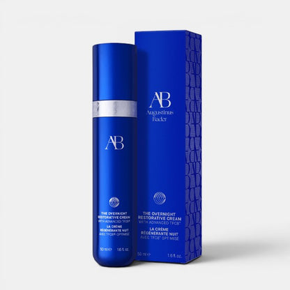 Augustinus Bader The Overnight Restorative Cream jar and product box displayed side by side on a grey background with soft shadows.