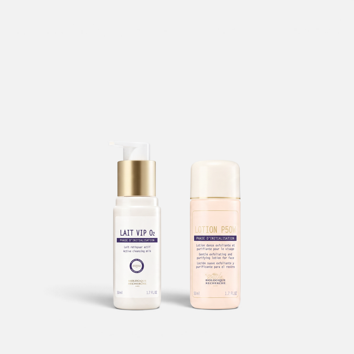 Shop Rescue Spa Biologique Recherche TSA travel duo featuring Lait VIP O2 cleanser and Lotion P50W in 1.7 oz bottles.