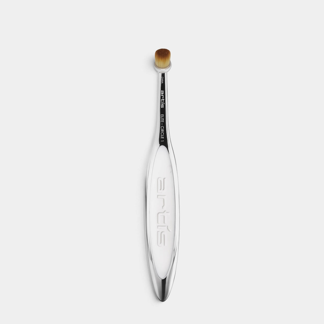 A single makeup brush with a silver metallic handle, embossed brand name, and a brown bristle tip, centered on a light gray background.