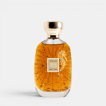Atelier des Ors Nuda Vanilla perfume bottle centered front view white background amber vanilla fragrance gold cap luxury niche perfume