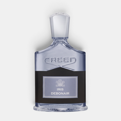 Shop Rescue Spa Iris Debonair eau de parfum in a clear glass bottle with a black leather-wrapped label and silver cap.