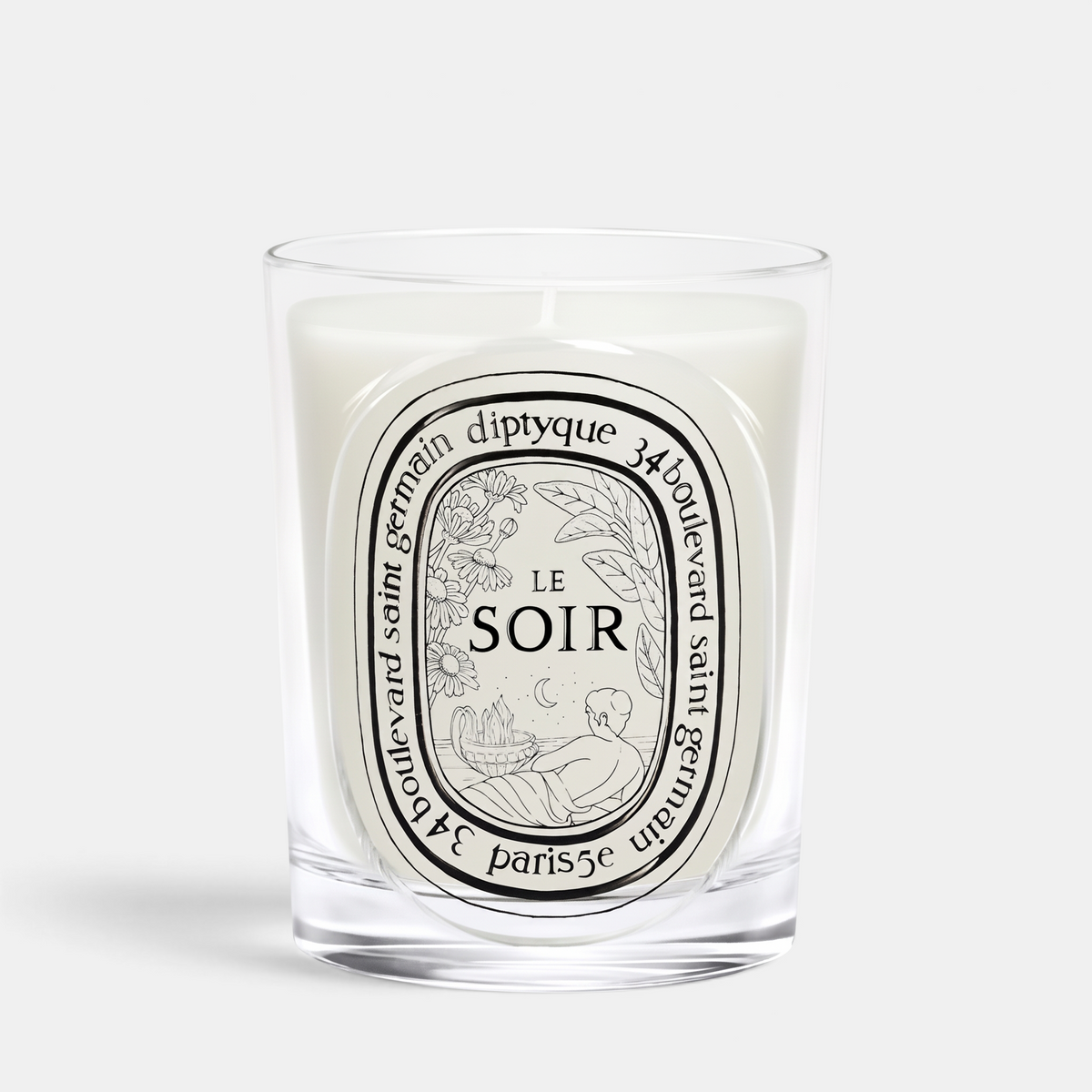 Shop Rescue Spa Le Soir scented candle in a clear glass jar with a decorative black and white oval label