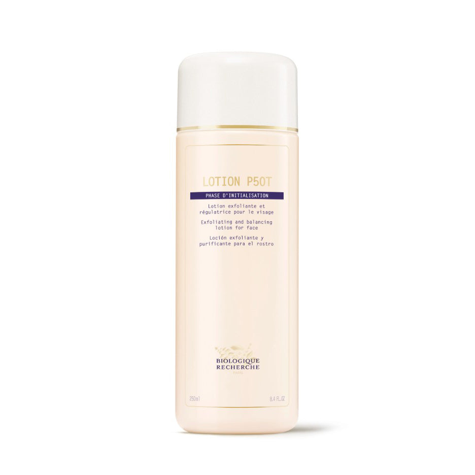 Biologique Recherche Lotion P50T positioned upright with a white background in a cylindrical bottle. Exfoliating and balancing lotion for face.