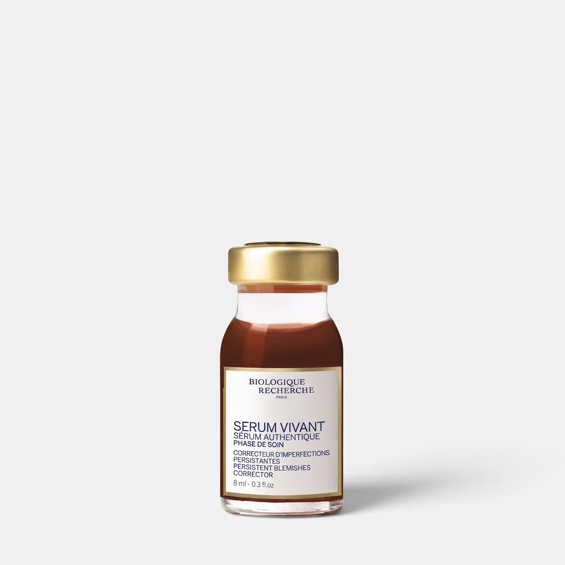 A small glass bottle of Biologique Recherche Serum Vivant serum with a gold cap and cream-colored label, centered on a light gray background.