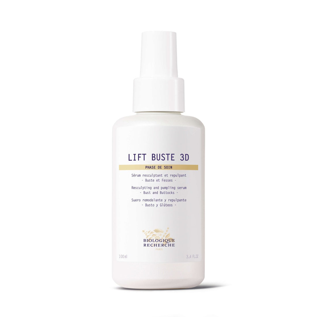 White bottle of Biologique Recherche Lift Buste 3D with a blue and gold label, displayed upright on a white background. This firming and plumping body treatment is designed to tone and lift the bust and buttocks, enhancing skin firmness, volume, and smoothness.