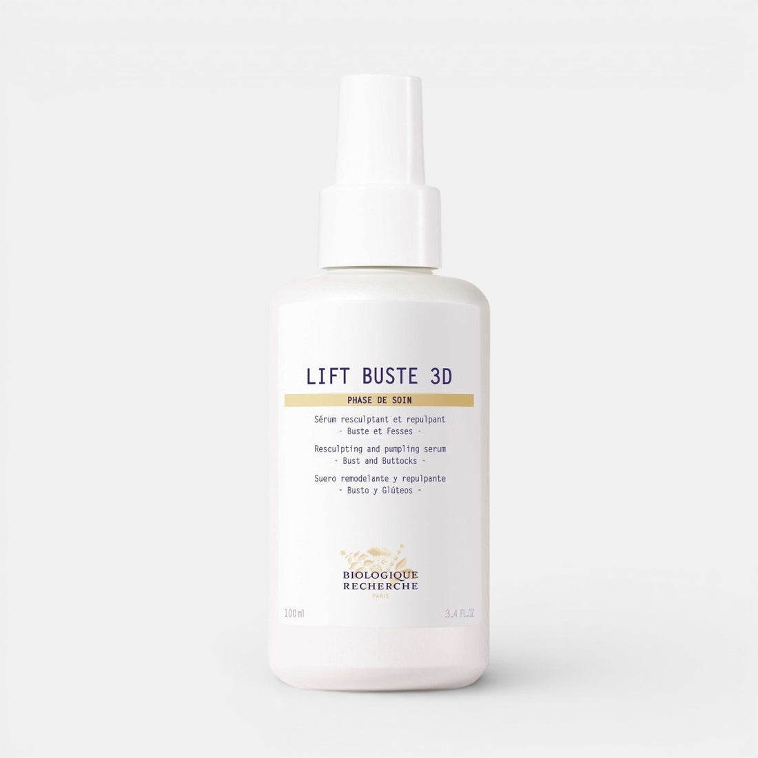 White bottle of Biologique Recherche Lift Buste 3D with a blue and gold label, displayed upright on a white background. This firming and plumping body treatment is designed to tone and lift the bust and buttocks, enhancing skin firmness, volume, and smoothness.