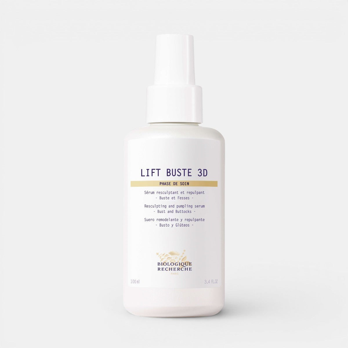 White bottle of Biologique Recherche Lift Buste 3D with a blue and gold label, displayed upright on a white background. This firming and plumping body treatment is designed to tone and lift the bust and buttocks, enhancing skin firmness, volume, and smoothness.