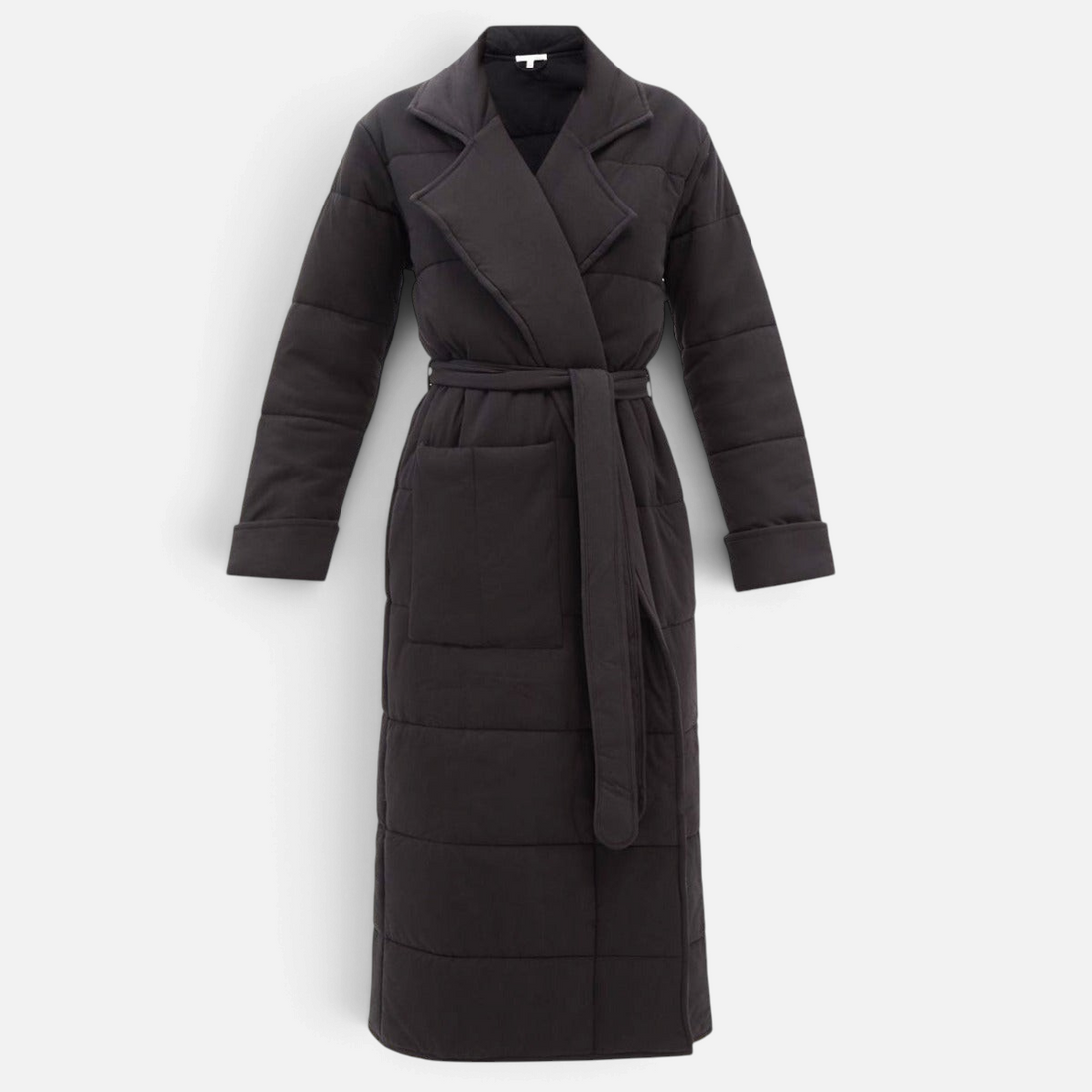 Shop Rescue Spa Sonya black quilted cotton jersey robe with a notched collar, waist belt, and side pockets.