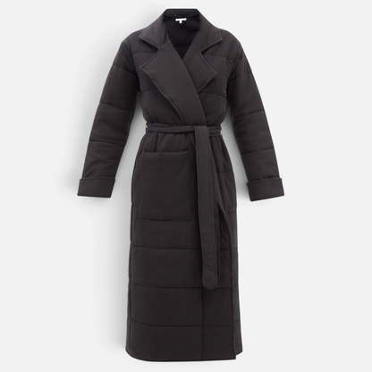Shop Rescue Spa Sonya black quilted cotton jersey robe with a notched collar, waist belt, and side pockets.