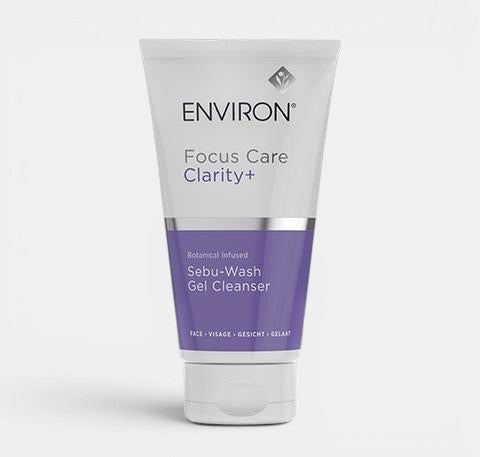 Environ Focus Care Clarity+ Sebu-Wash Gel Cleanser tube on a white background, foaming gel cleanser for  Oily &amp; Acne-Prone Skin