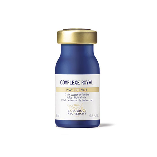 Biologique Recherche Complexe Royal 0.3 fl.oz – small blue skincare bottle with a gold cap, displayed upright on a white background. A nourishing, protective serum formulated with Royal Jelly to restore radiance and strengthen dry, depleted skin.
