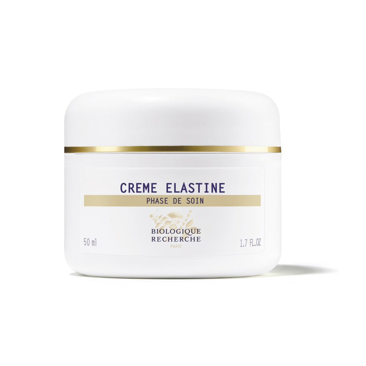 White jar of Crème Elastine with gold accents on a white background