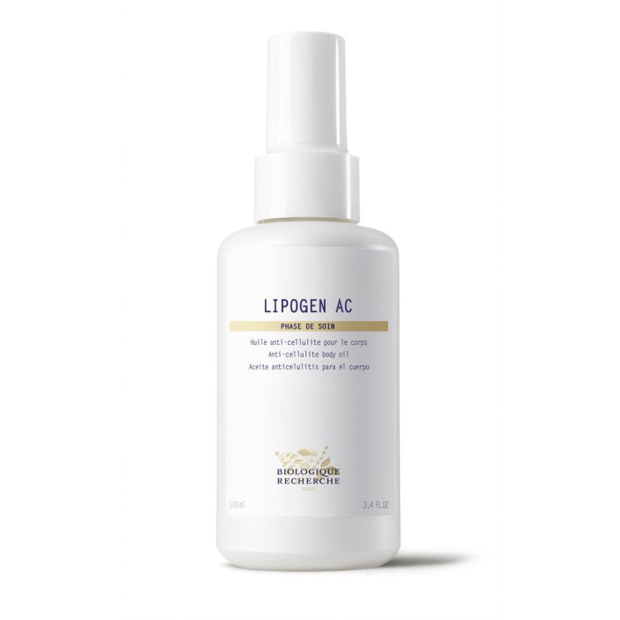White bottle of  Biologique Recherche Lipogen AC on a white background. Anti-cellulite body oil