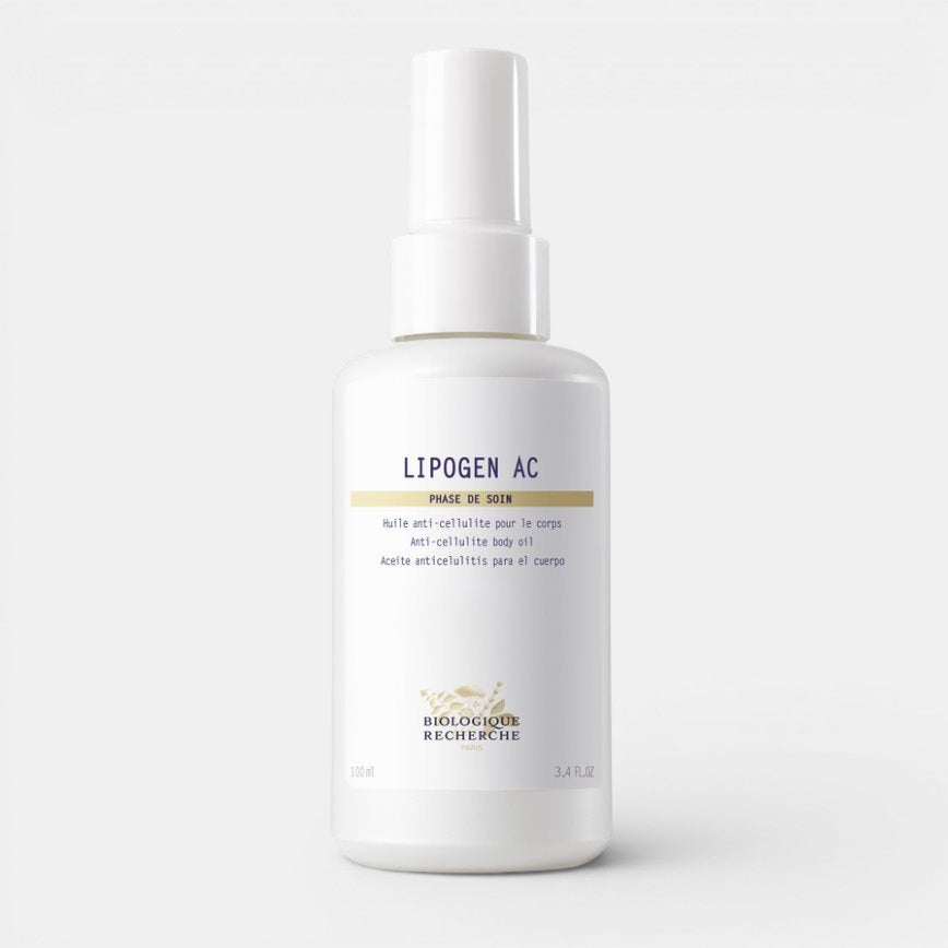 White bottle of  Biologique Recherche Lipogen AC on a white background. Anti-cellulite body oil
