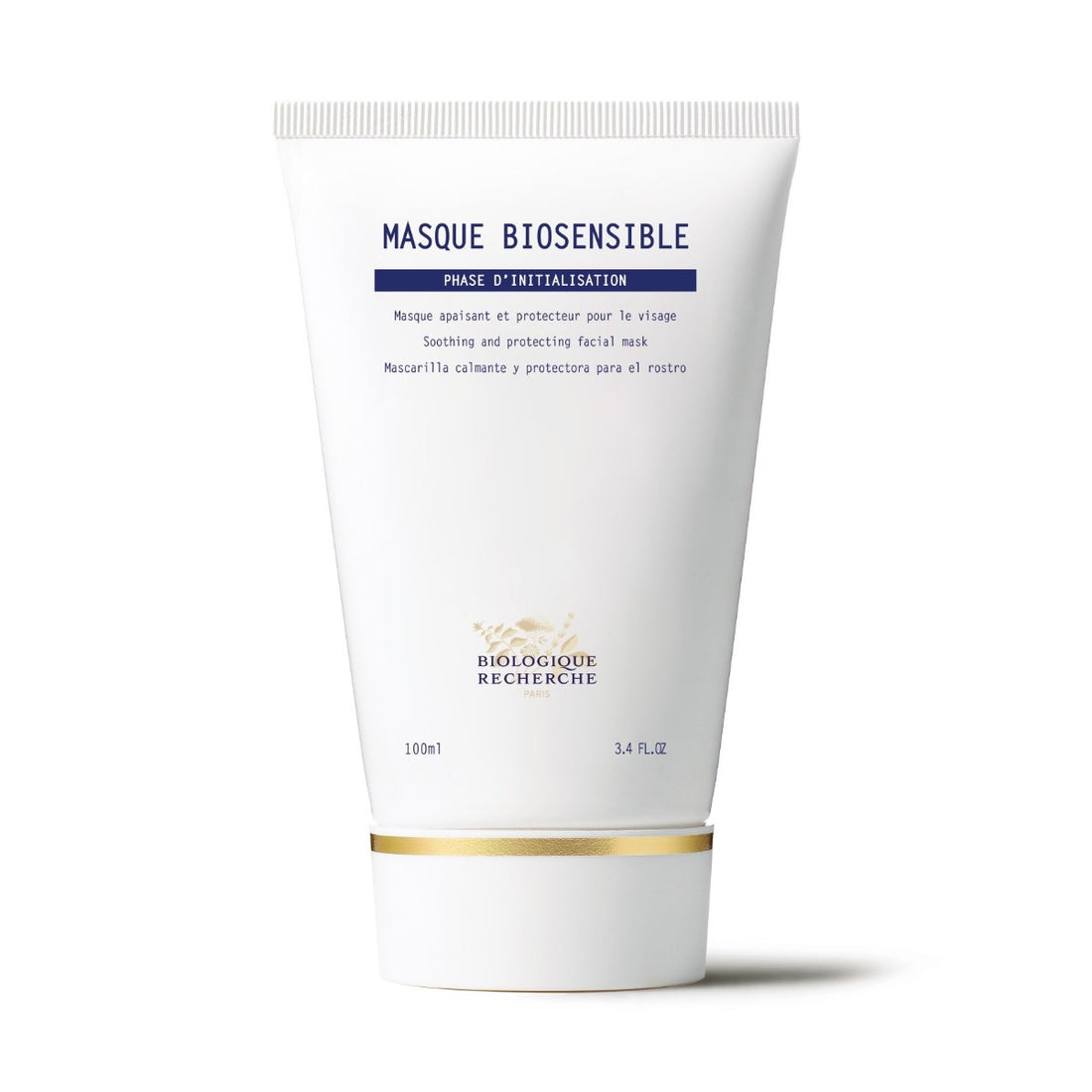 Biologique Recherche Masque Biosensible in a white squeezable tube with a gold cap, labeled with the Biologique Recherche logo in black and blue text, displayed upright on a white background. A soothing and moisturizing face mask formulated for sensitive and irritated skin.